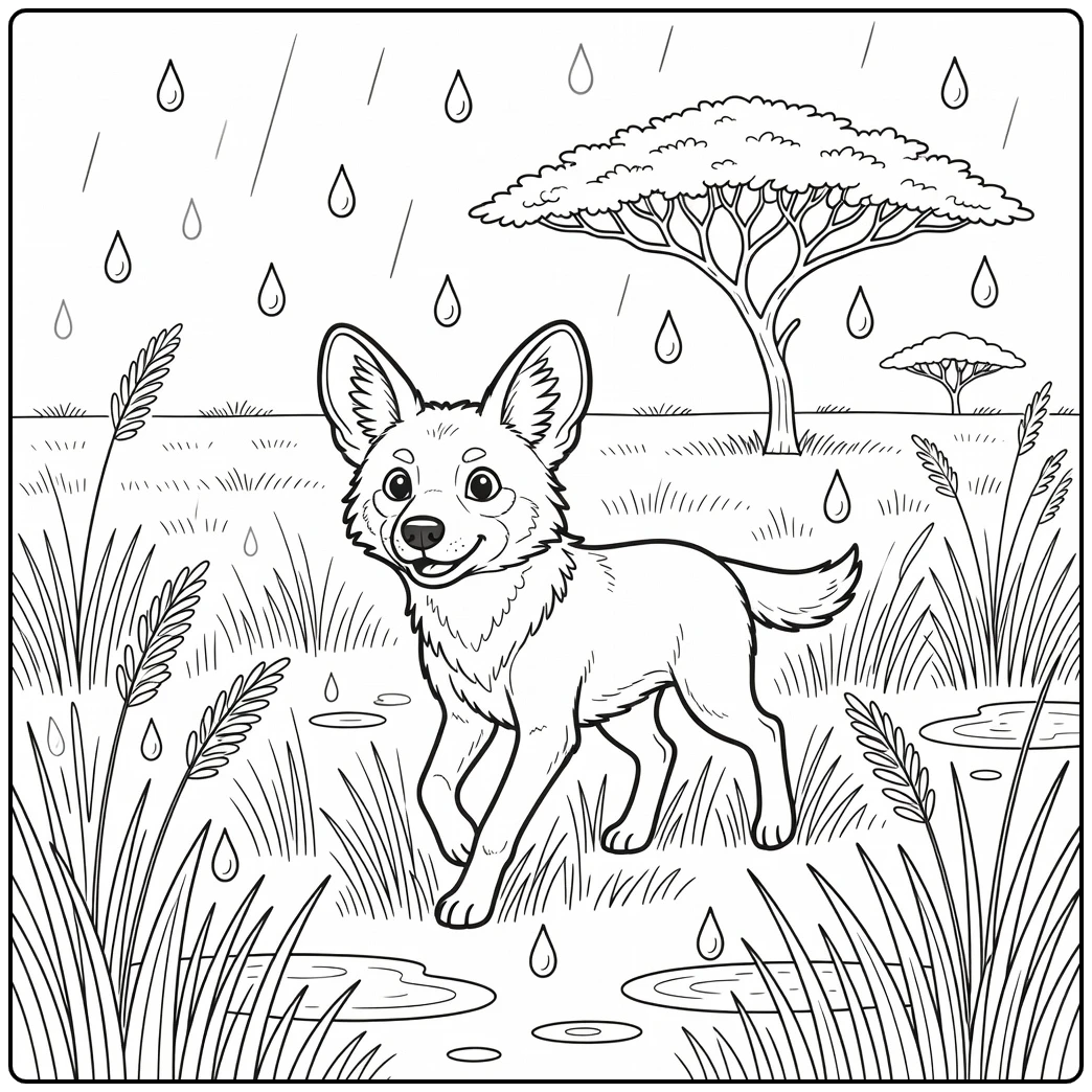 A cute wild dog coloring page with rain and an acacia tree.