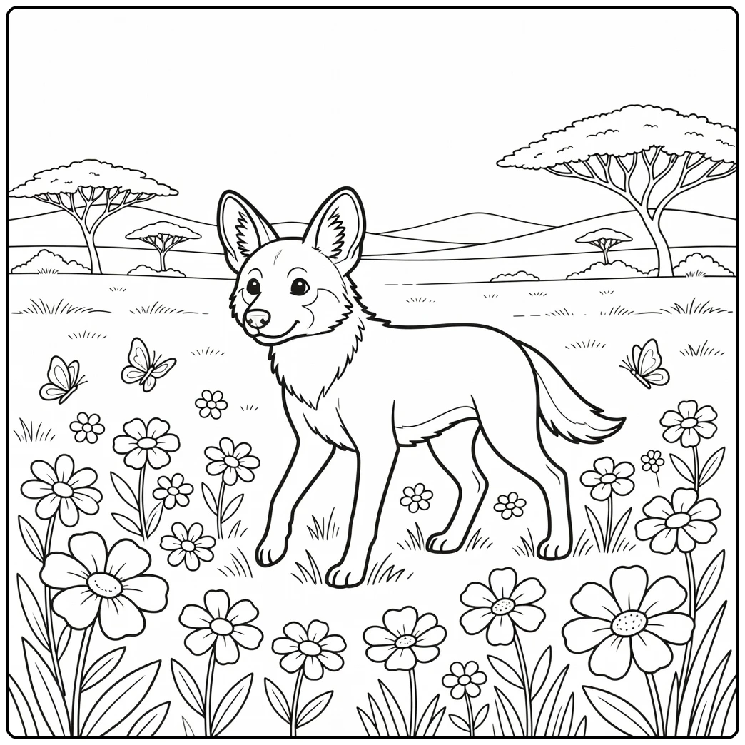 A cute wild dog coloring page with butterflies and flowers.