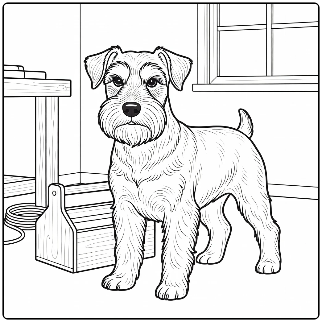 A Miniature Schnauzer in a workshop; realistic dog coloring page.