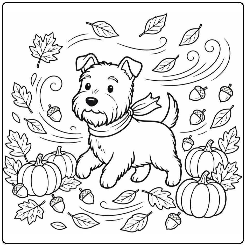 Scottie Dog coloring page: Terrier with scarf in windy fall