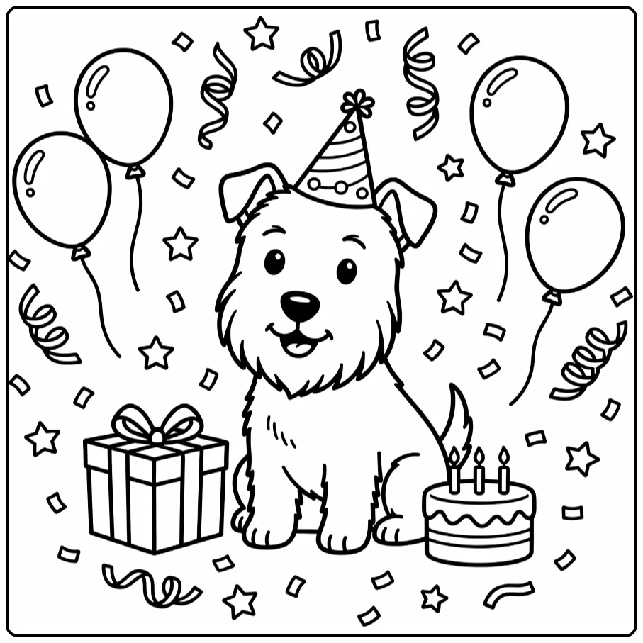 Scottie Dog coloring page: party hat, cake, gift, balloons