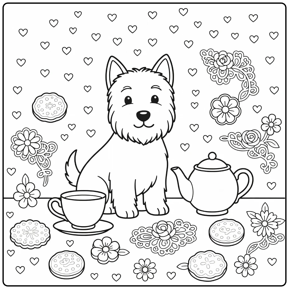 Scottie Dog coloring page: Terrier at tea party with teapot, cookies