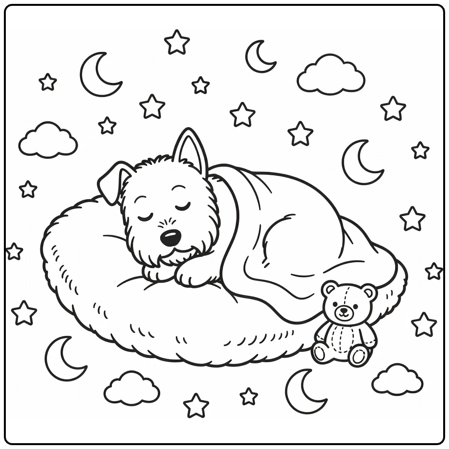 Scottie Dog coloring page: sleepy terrier on cushion with moons