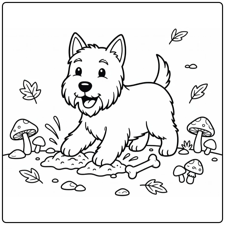 Scottie Dog coloring page: playful terrier digging bone