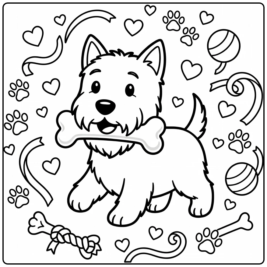 Scottie Dog coloring page: Terrier trots with bone, hearts