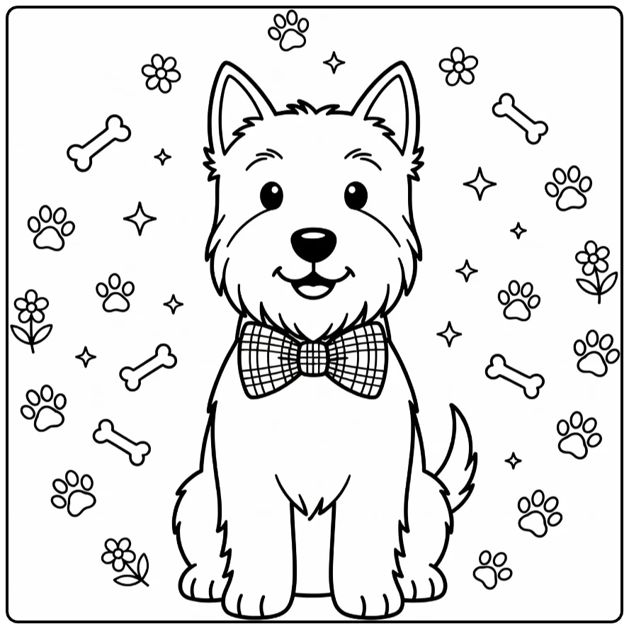 Scottie Dog coloring page: cheerful terrier with bow tie, paw prints
