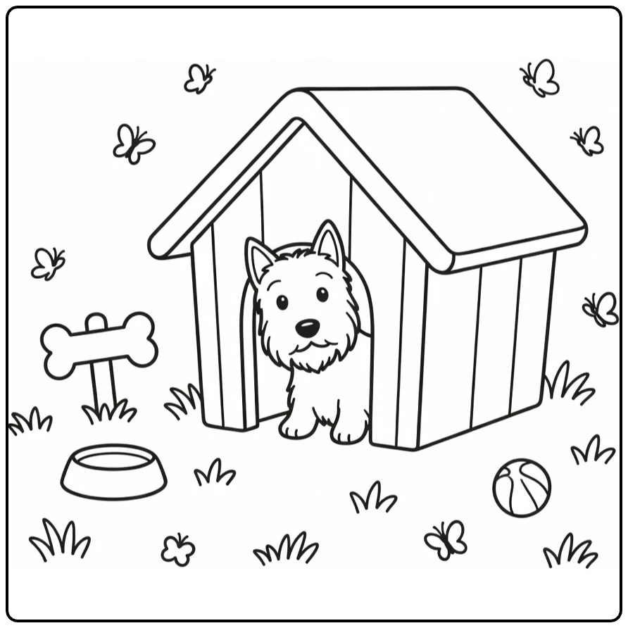 Scottie Dog coloring page: terrier peeks from doghouse with bowl