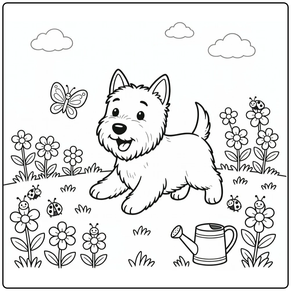 Scottie Dog coloring page: Terrier chases butterfly amid daisies