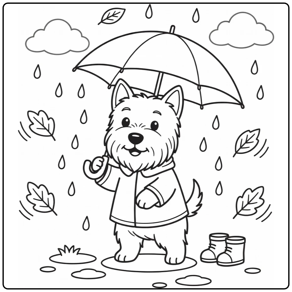 Scottie Dog coloring page: Terrier in raincoat under umbrella