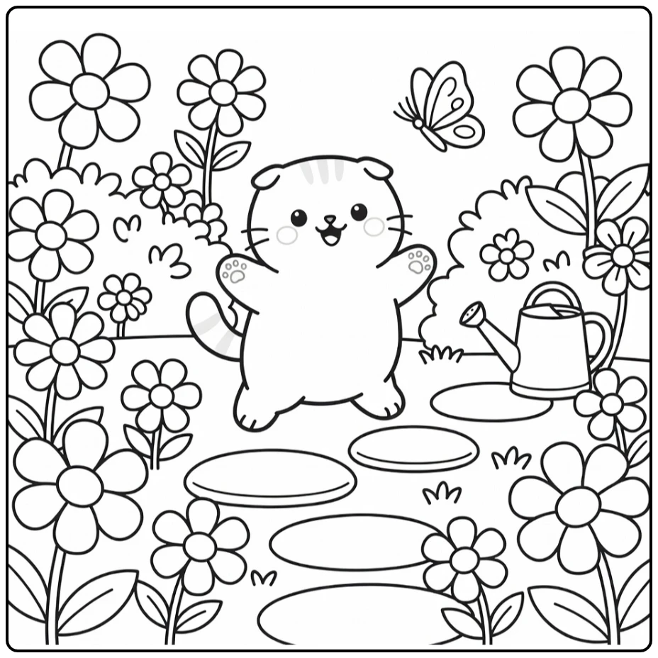 Cartoon cat coloring pages: Scottish Fold chasing butterfly