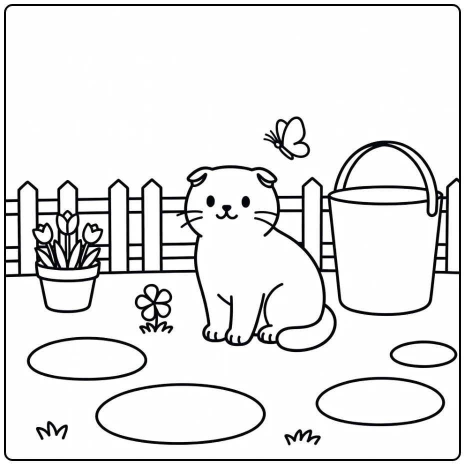 Easy cat coloring pages: Scottish Fold cat watches butterfly by bucket