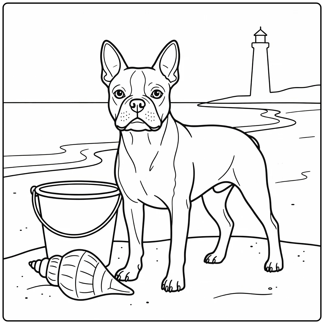 A Boston Terrier on a beach realistic dog coloring page.