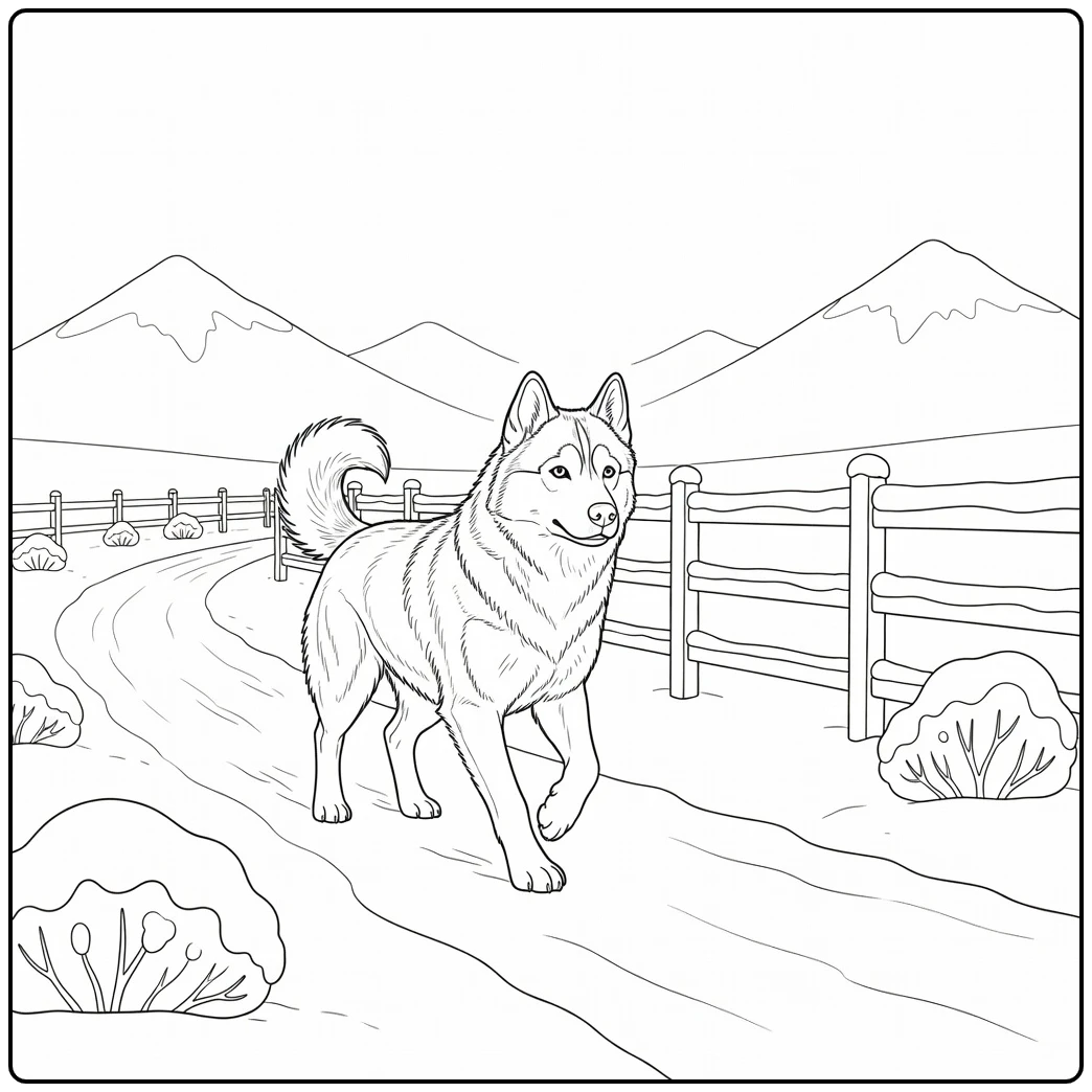 A trotting Siberian Husky on a winter realistic dog coloring page.