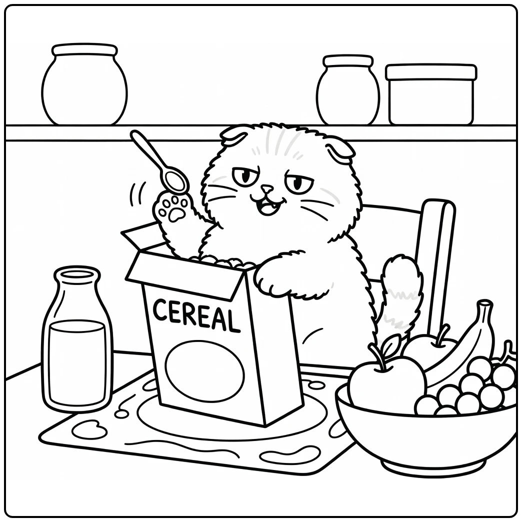 Silly cat coloring pages: Scottish Fold peeks from cereal box