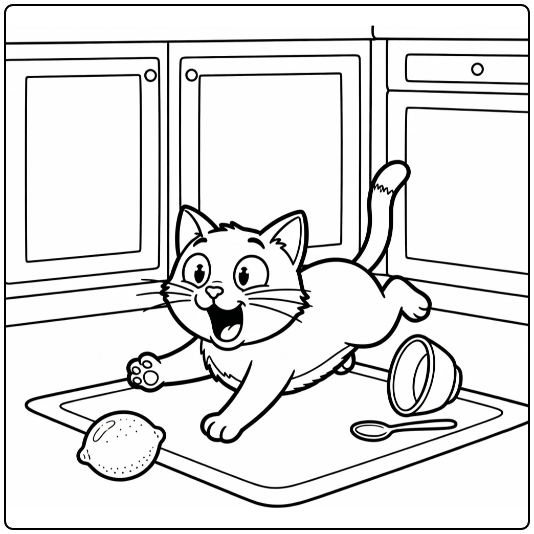 Silly cat coloring pages: cat slides chasing rolling lemon