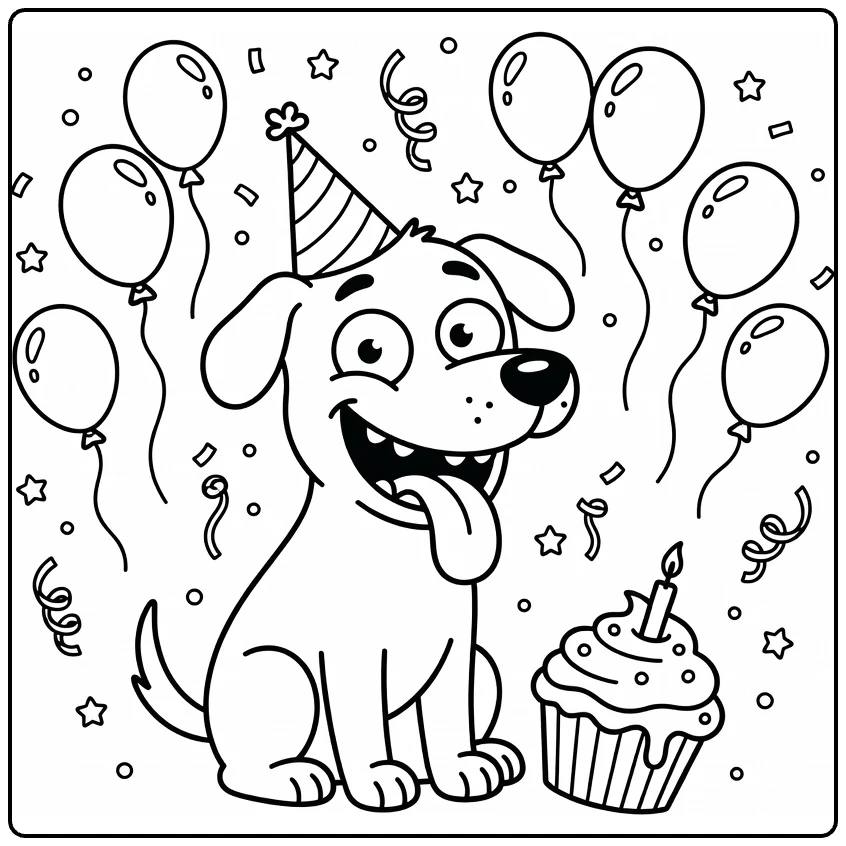 Silly Dog coloring page: goofy pup with tongue out, crooked hat