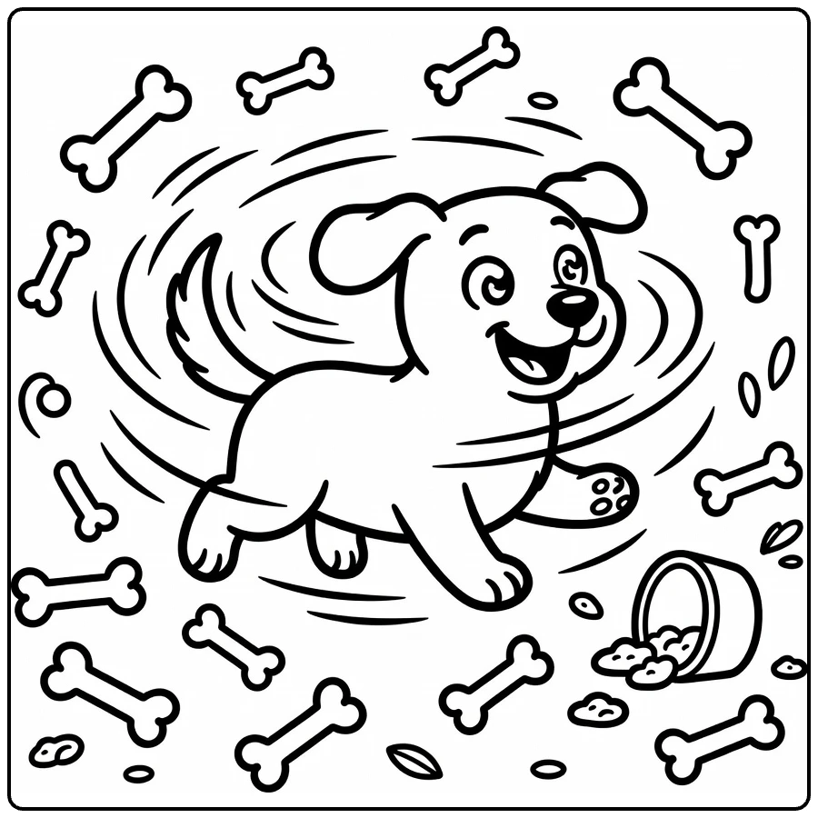 Silly Dog coloring page: dizzy pup chasing tail with swirls, bones