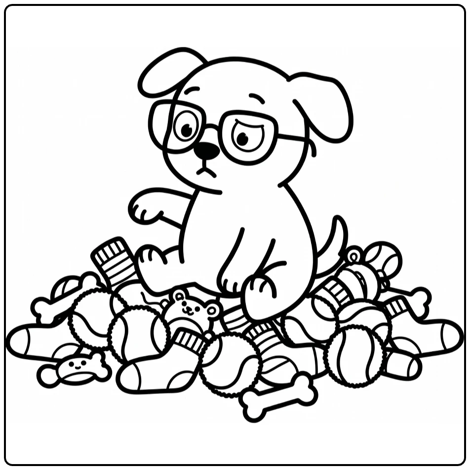 Silly Dog coloring page: clumsy pup with slipped glasses in toys