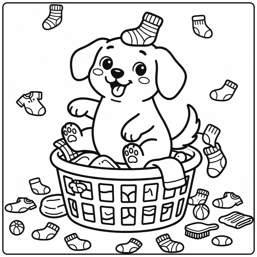 Silly Dog coloring page: floppy-eared pup in basket with socks