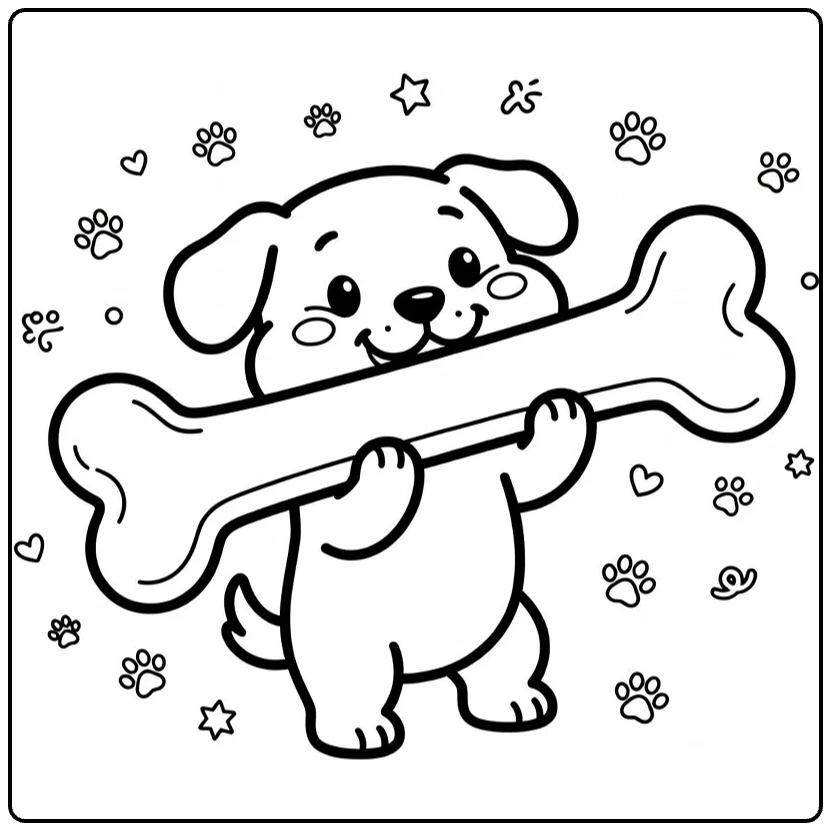 Silly Dog coloring page: pup with giant bone, puffed cheeks