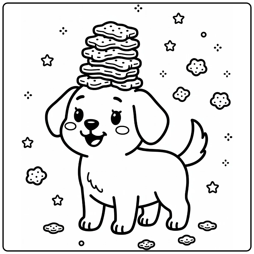 Silly Dog coloring page: pup balancing biscuits on head