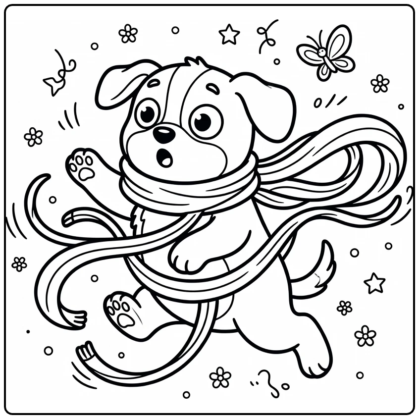 Silly Dog coloring page: puppy tangled in scarf chasing butterfly