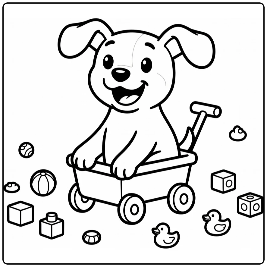 Silly Dog coloring page: happy pup in tiny toy wagon