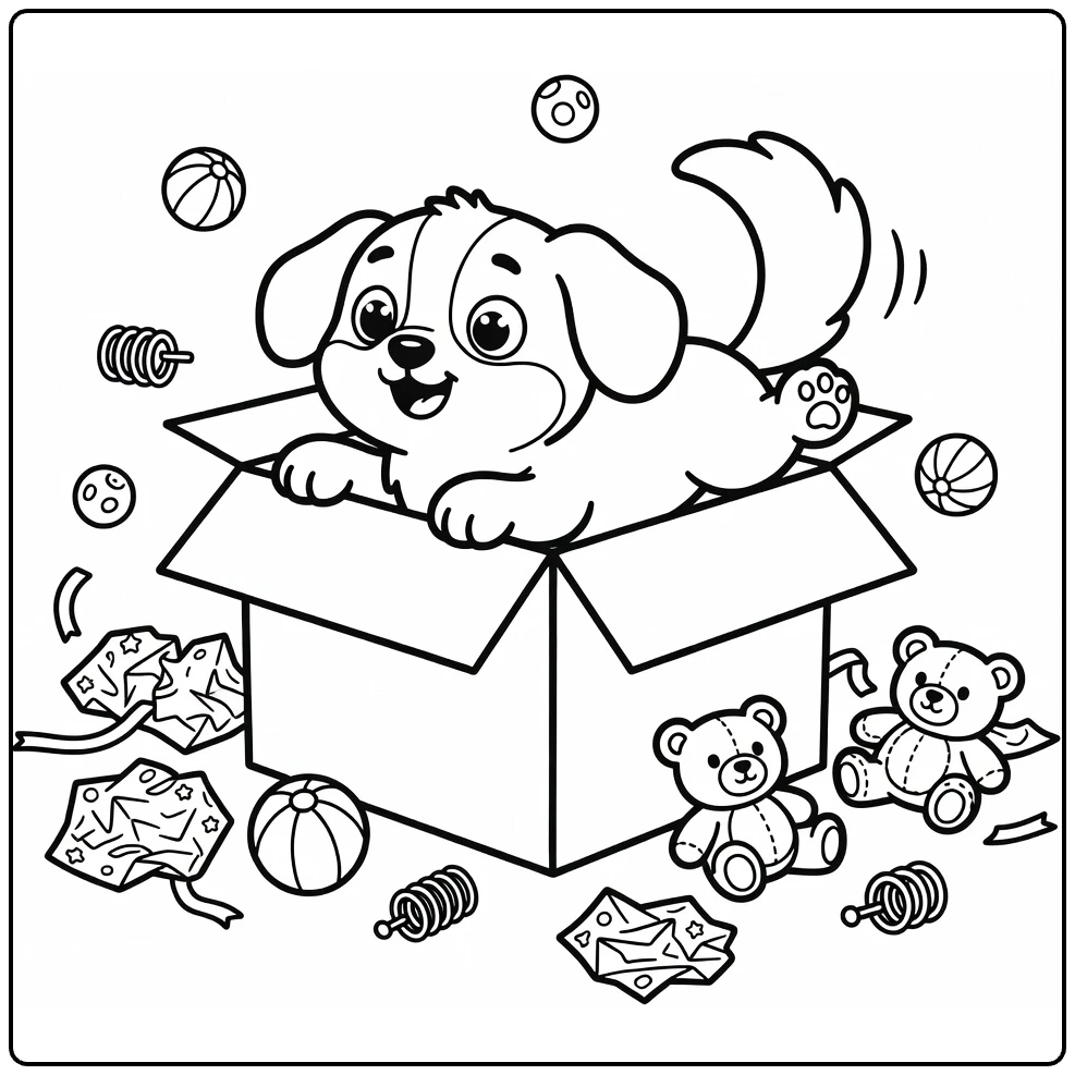 Silly Dog coloring page: pup stuck in box, legs & tail out