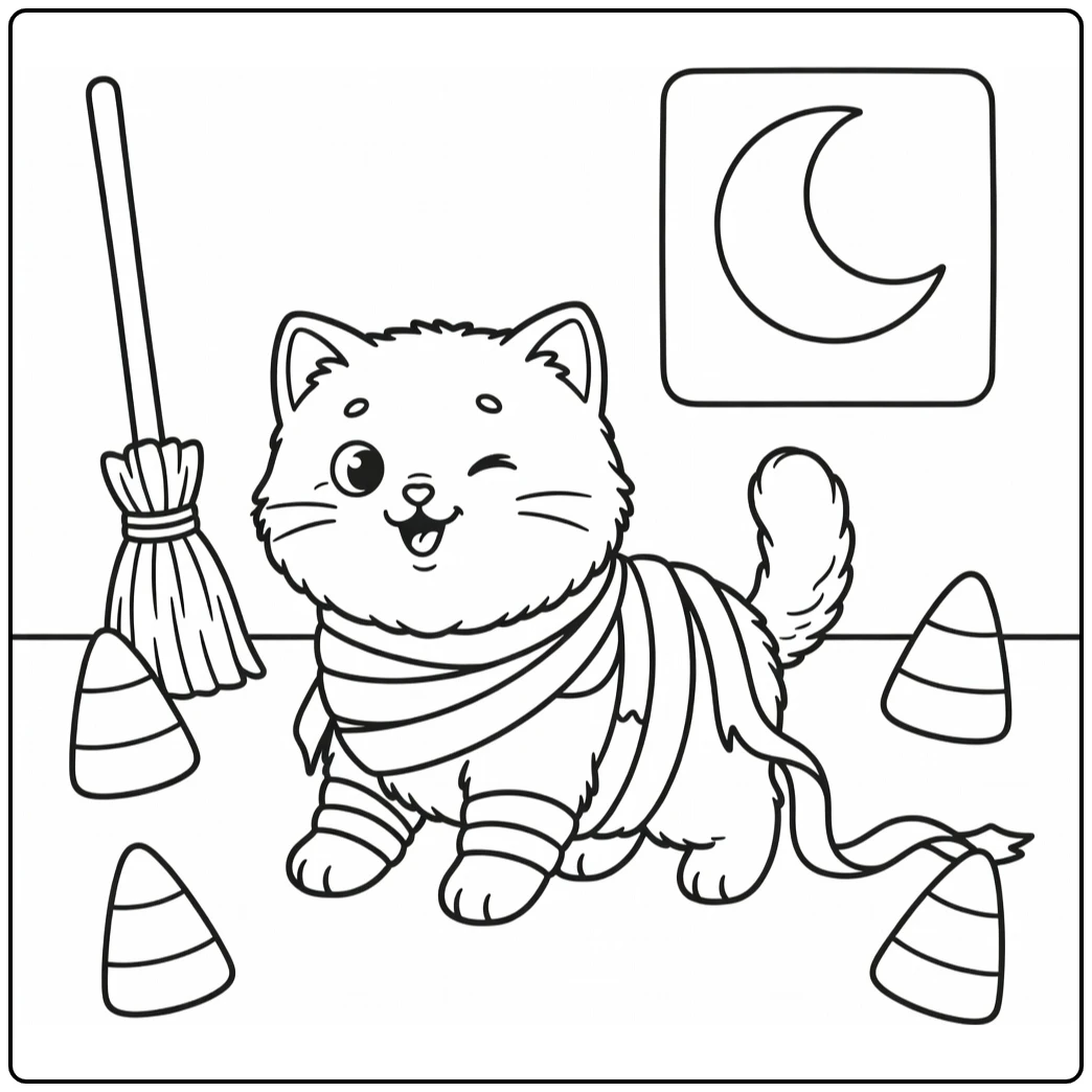 Fluffy kitten tangled in mummy bandages, halloween cat coloring pages