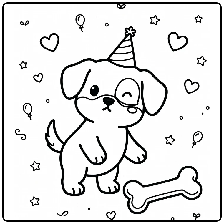 Simple funny dog coloring pages: puppy with slipped party hat