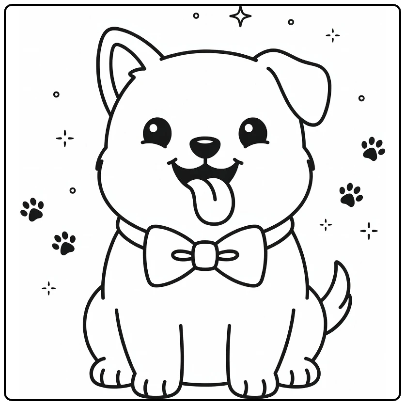 Simple funny dog coloring pages: round puppy with bow tie, tongue out