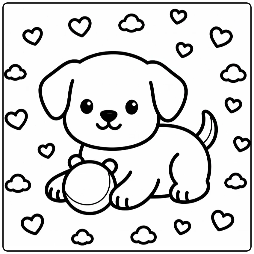 Simple Puppy Coloring Page: Cute pup on belly with toy, hearts