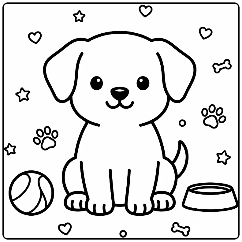 Simple Puppy Coloring Page: Cute puppy with ball, bowl