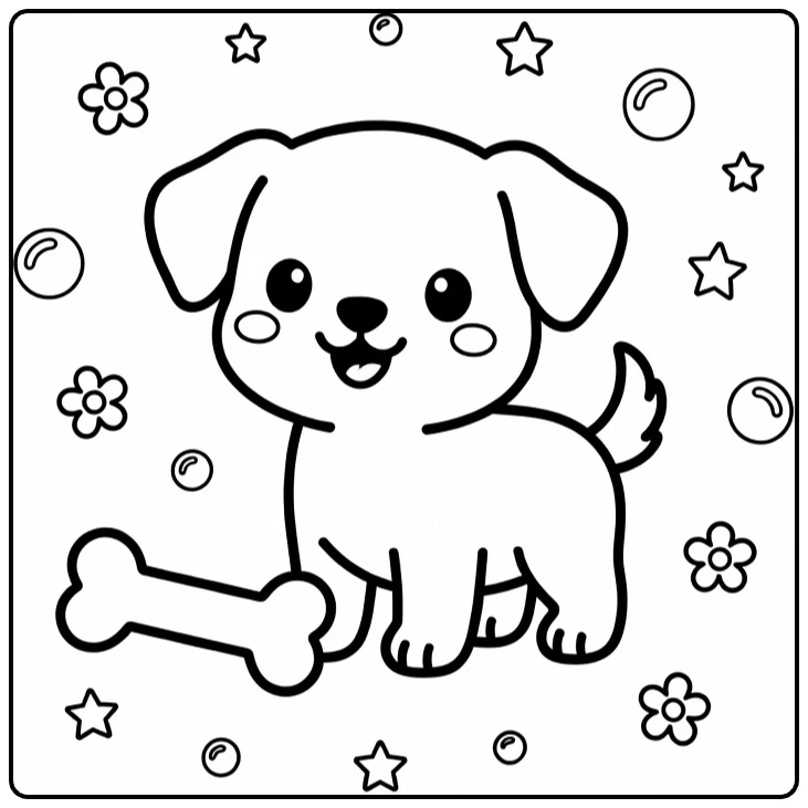 Simple Puppy Coloring Page: Cute pup by bone, stars, bubbles