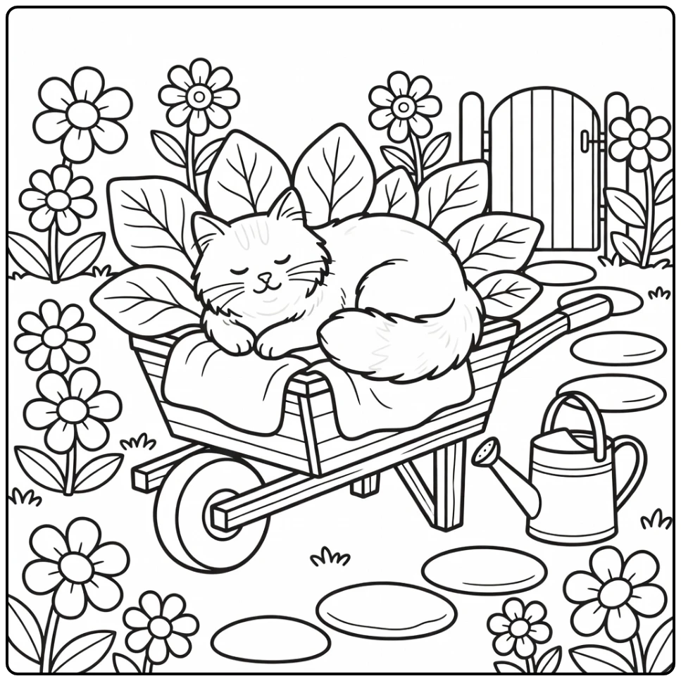 Sleeping cat coloring pages: fluffy cat napping in wheelbarrow