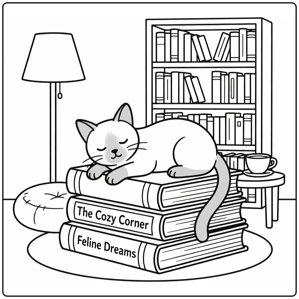 Sleeping cat coloring pages: Siamese on books in cozy nook