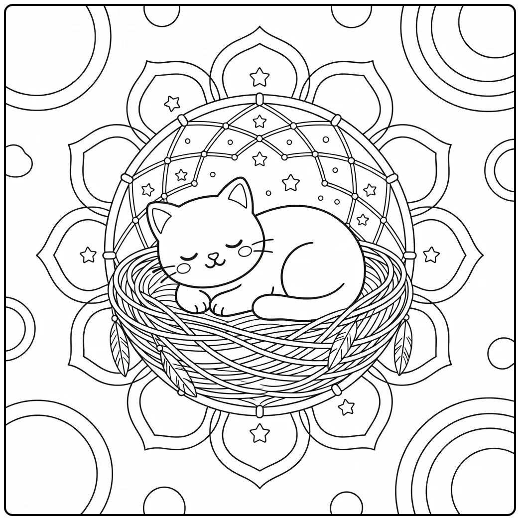 Cat mandala coloring pages: sleeping cat in dreamcatcher nest