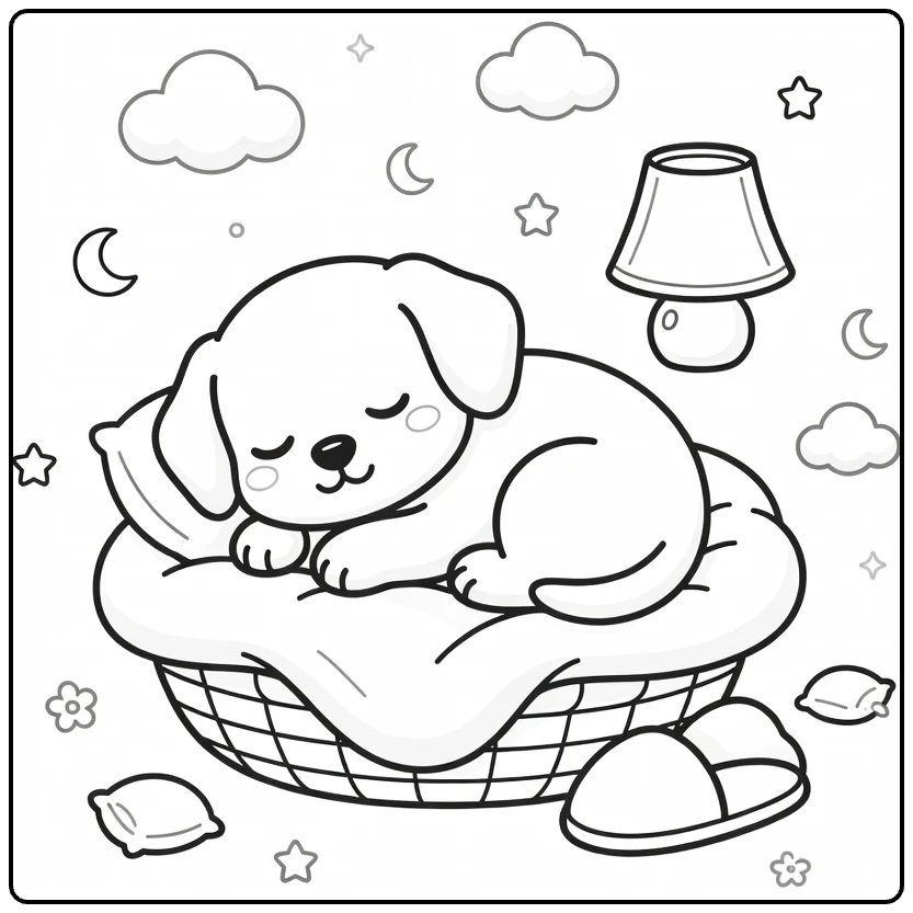 Sleeping Puppy Coloring Page in cozy basket & blanket