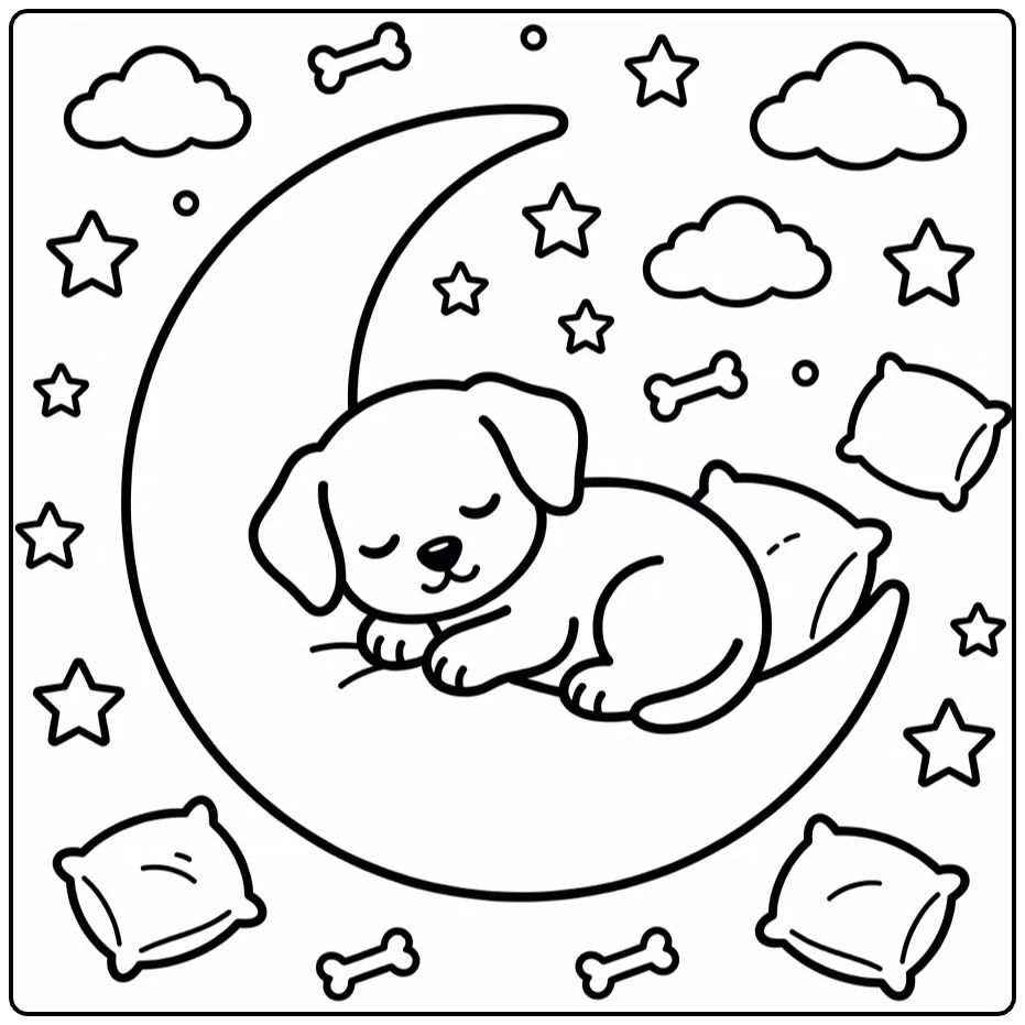 Sleeping Puppy Coloring Page in moon cradle with stars