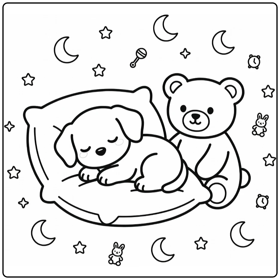 Sleeping Puppy Coloring Page: tiny pup on pillow with teddy, stars