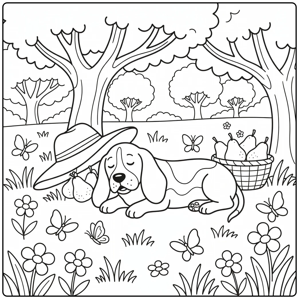 Dog coloring page for adults: sleepy Basset Hound in orchard