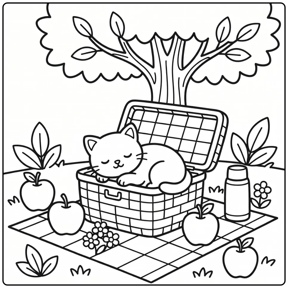 Sleepy kitten in picnic basket kitten coloring pages