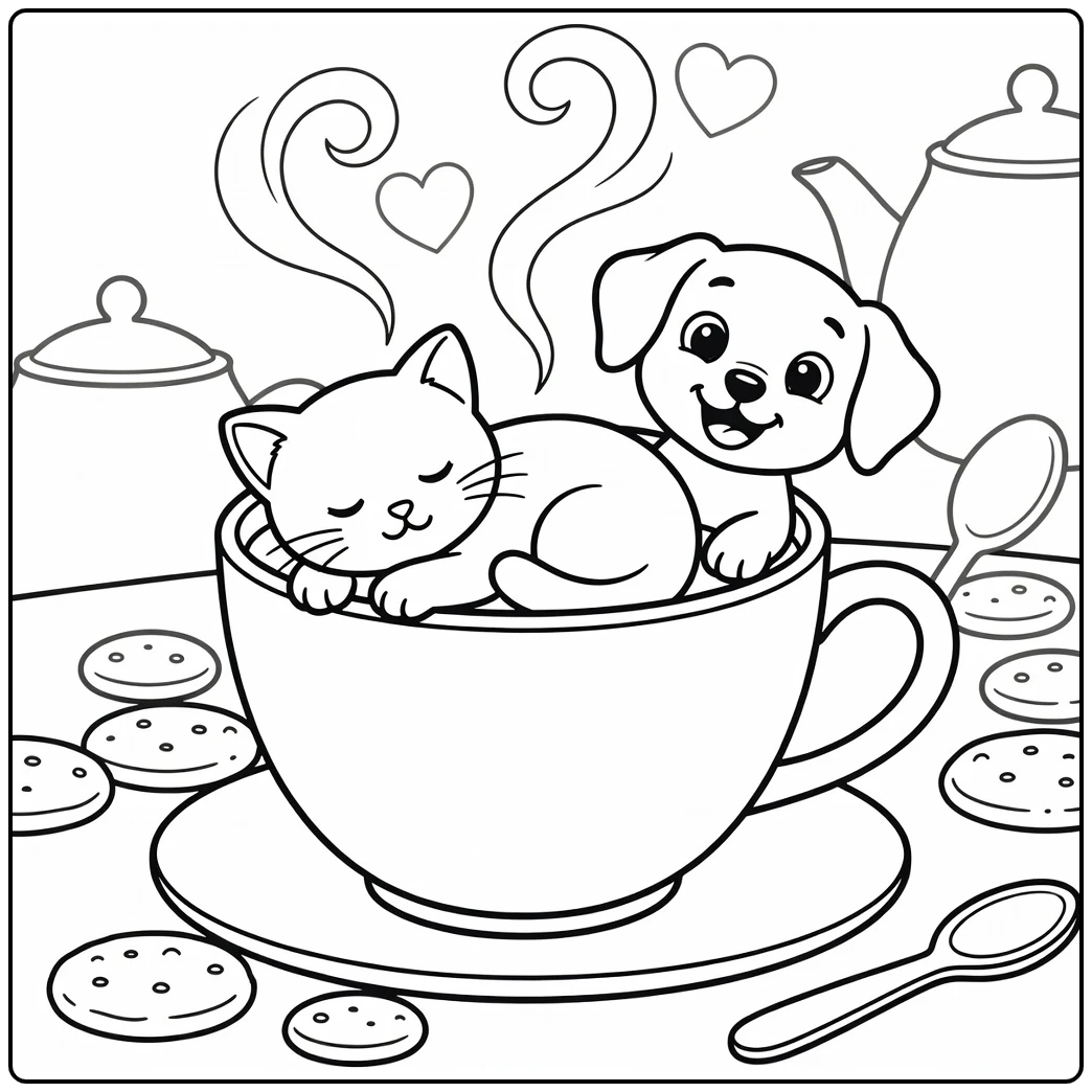 Cute cat and dog coloring pages: sleepy kitten in teacup, puppy peeks
