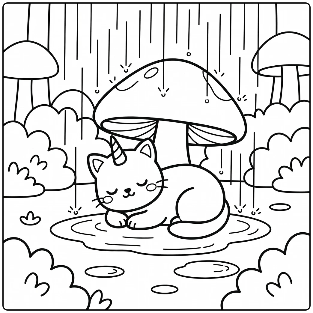 Unicorn cat coloring pages: sleeping under mushroom in rain