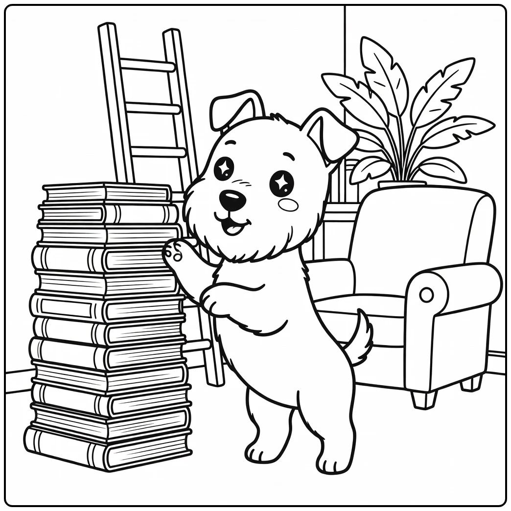 A Scottish Terrier reaching for books on a kawaii dog coloring page.
