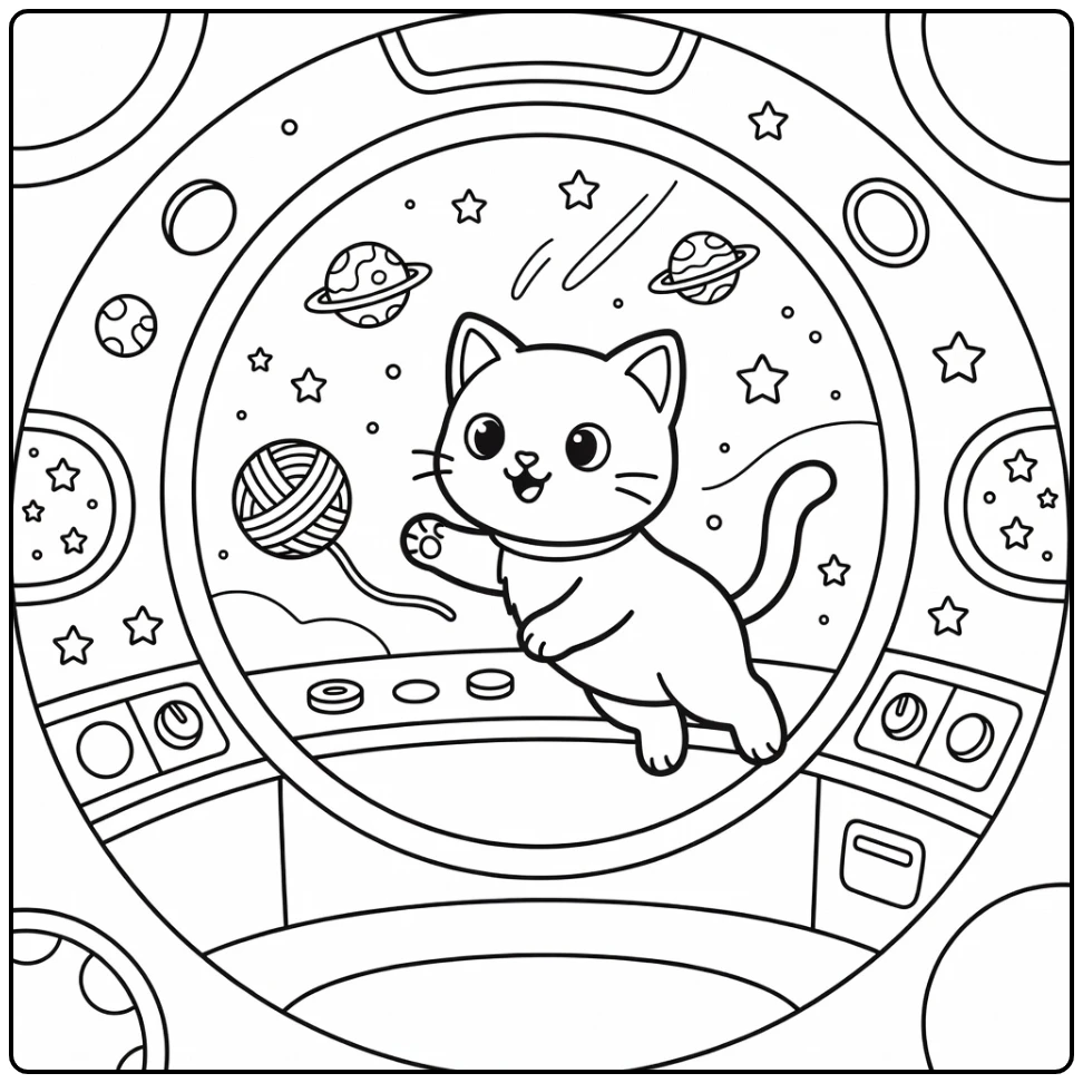 Space cat coloring pages: floating kitty reaches for yarn in spaceship