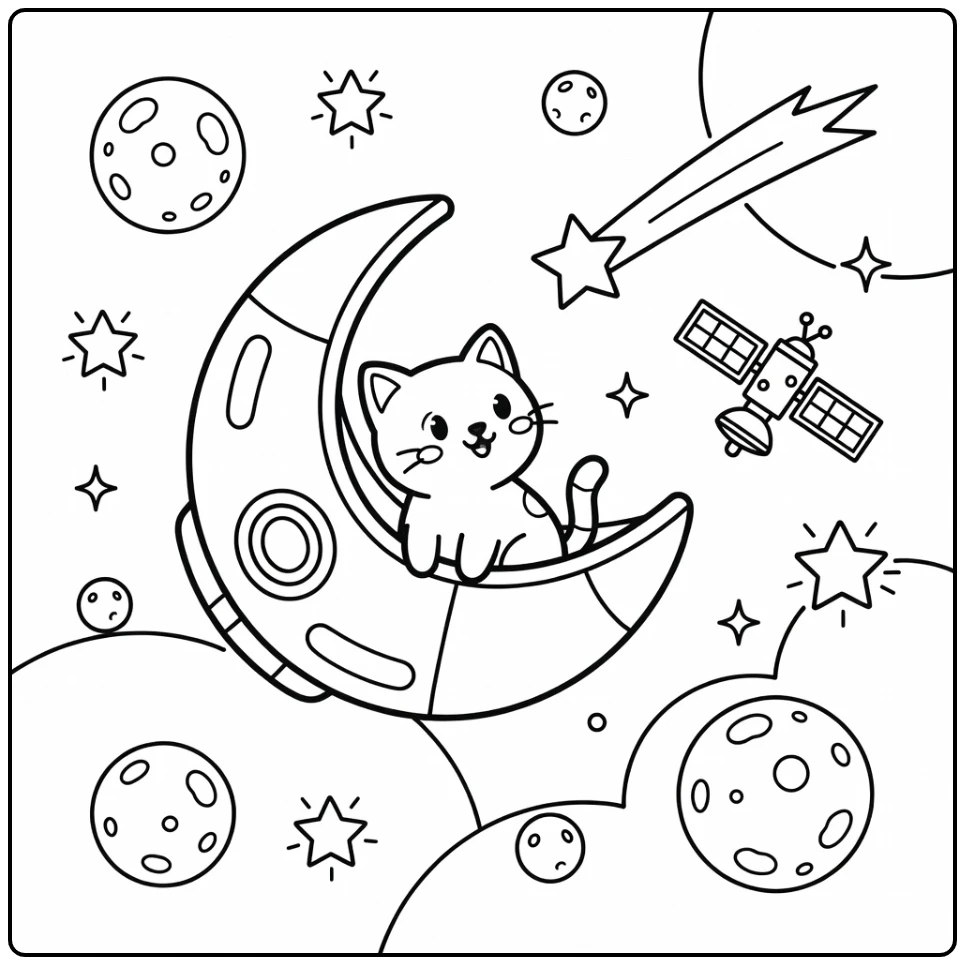 Space cat coloring pages: cat peeks from pod at shooting star