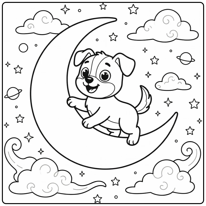 Space dog coloring page: pup swings on moon amid stars