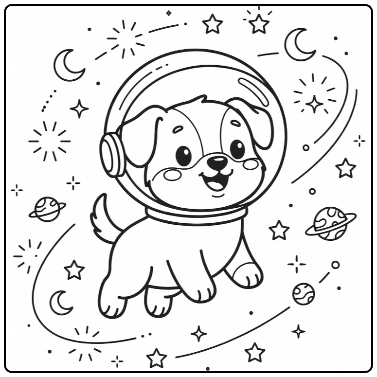 Space dog coloring page: puppy in helmet floating with stars