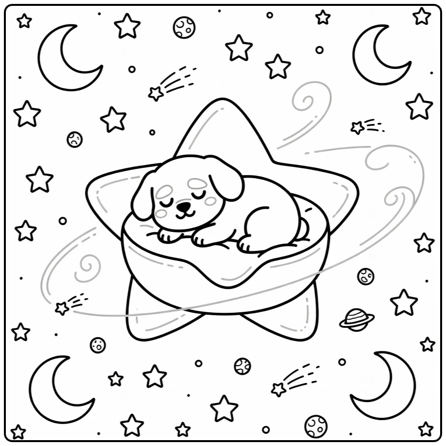 Space dog coloring page: sleepy pup in star bed amid stars